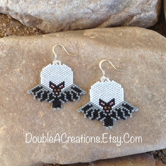 HALLOWEEN Bat in the Moon Beaded Earrings, New, Handmade by Me - Picture 2 of 3